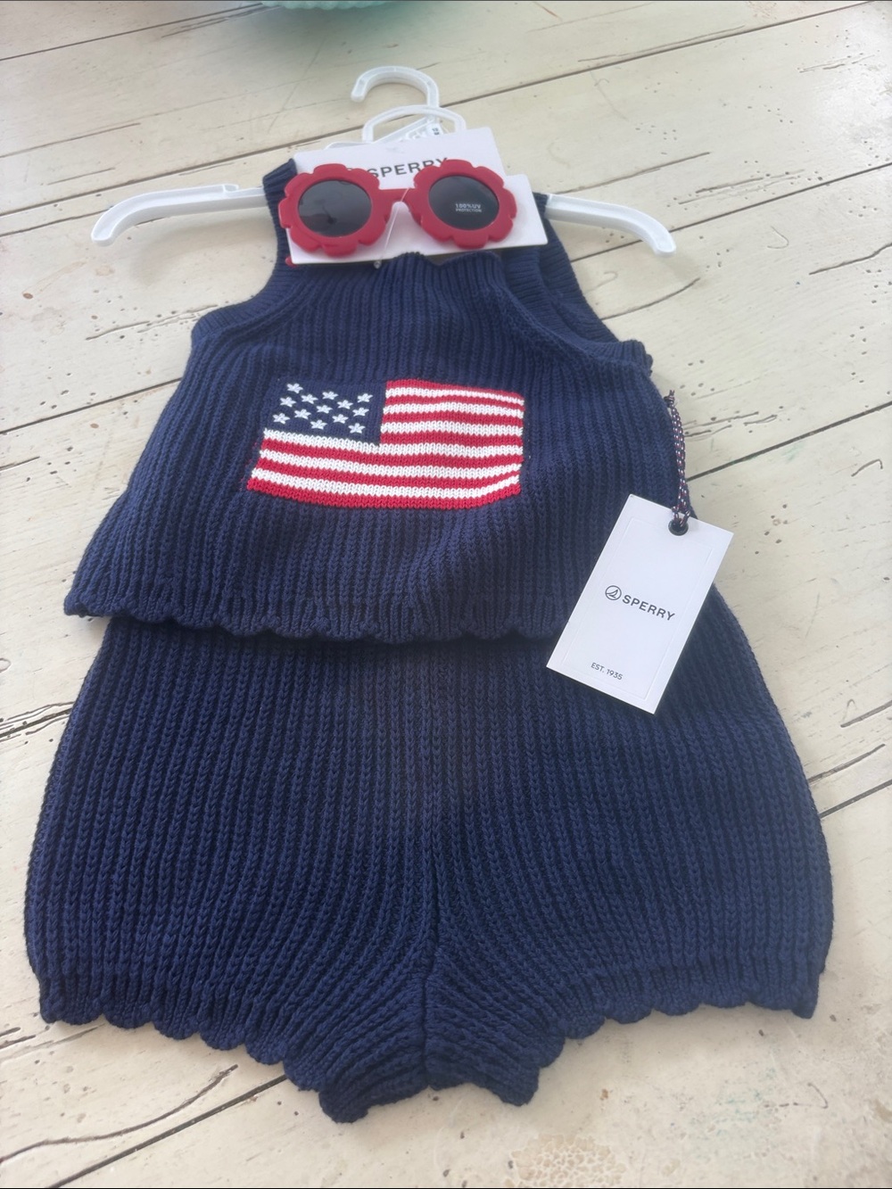 Sperry Navy Knit Kids Romper with American Flag